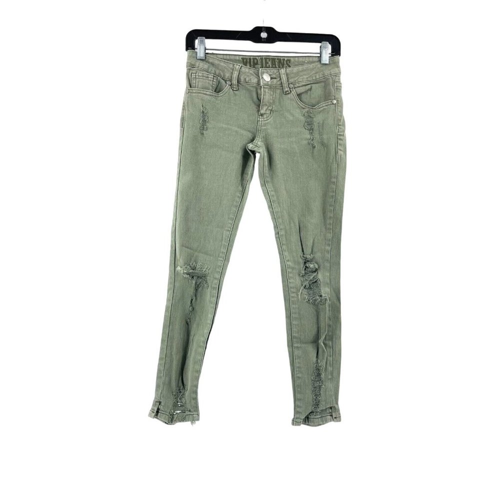V.I.P Jeans Women's 5 Pocket Embroidered Distressed Gray Denim Low Rise Size 1/2